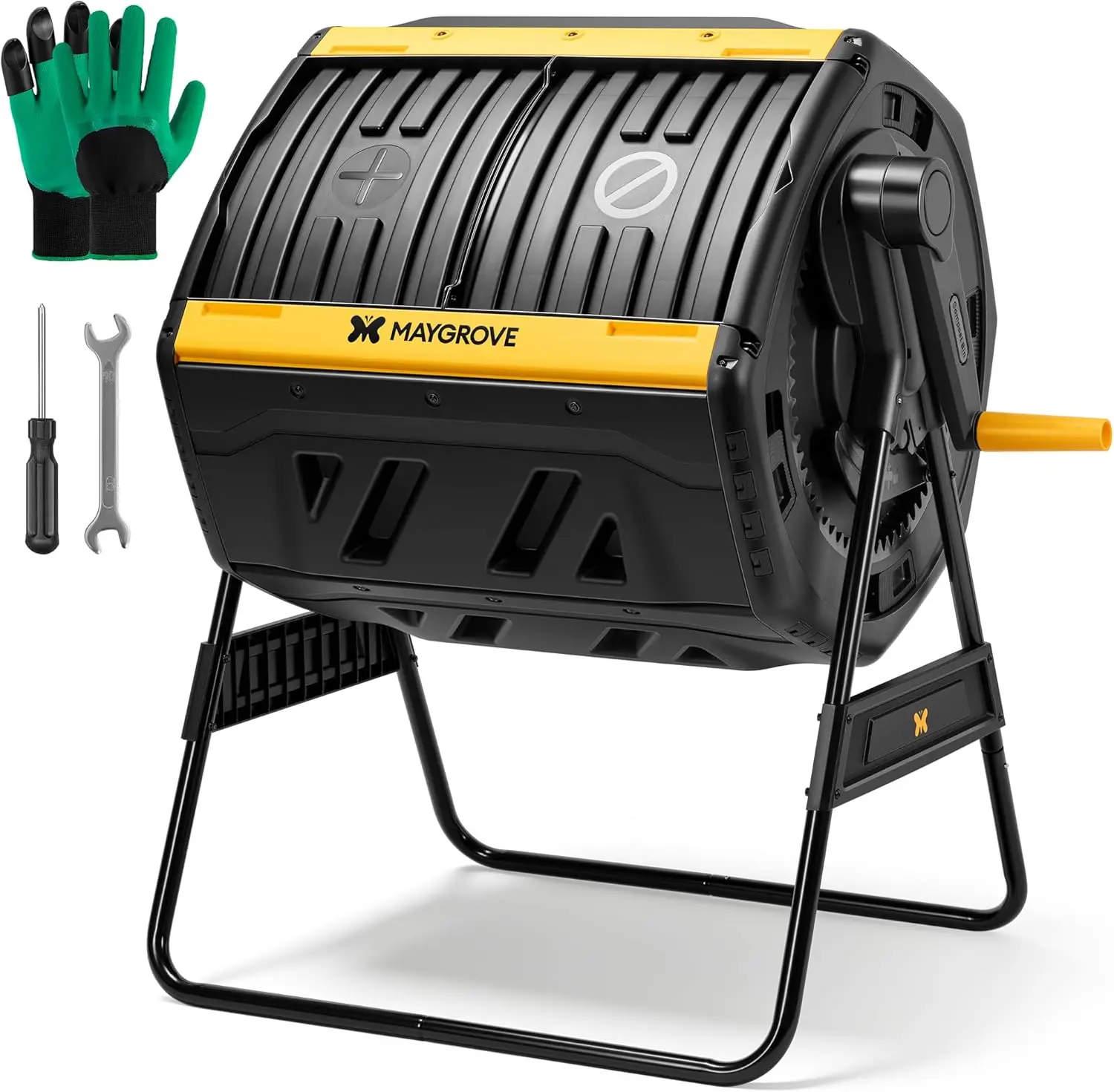 Outdoor Compost Bin 53 Gallon, Dual Chamber Large Compost Tumbler for Garden Backyard, with 360° Rotating, Sliding Doors & Solid