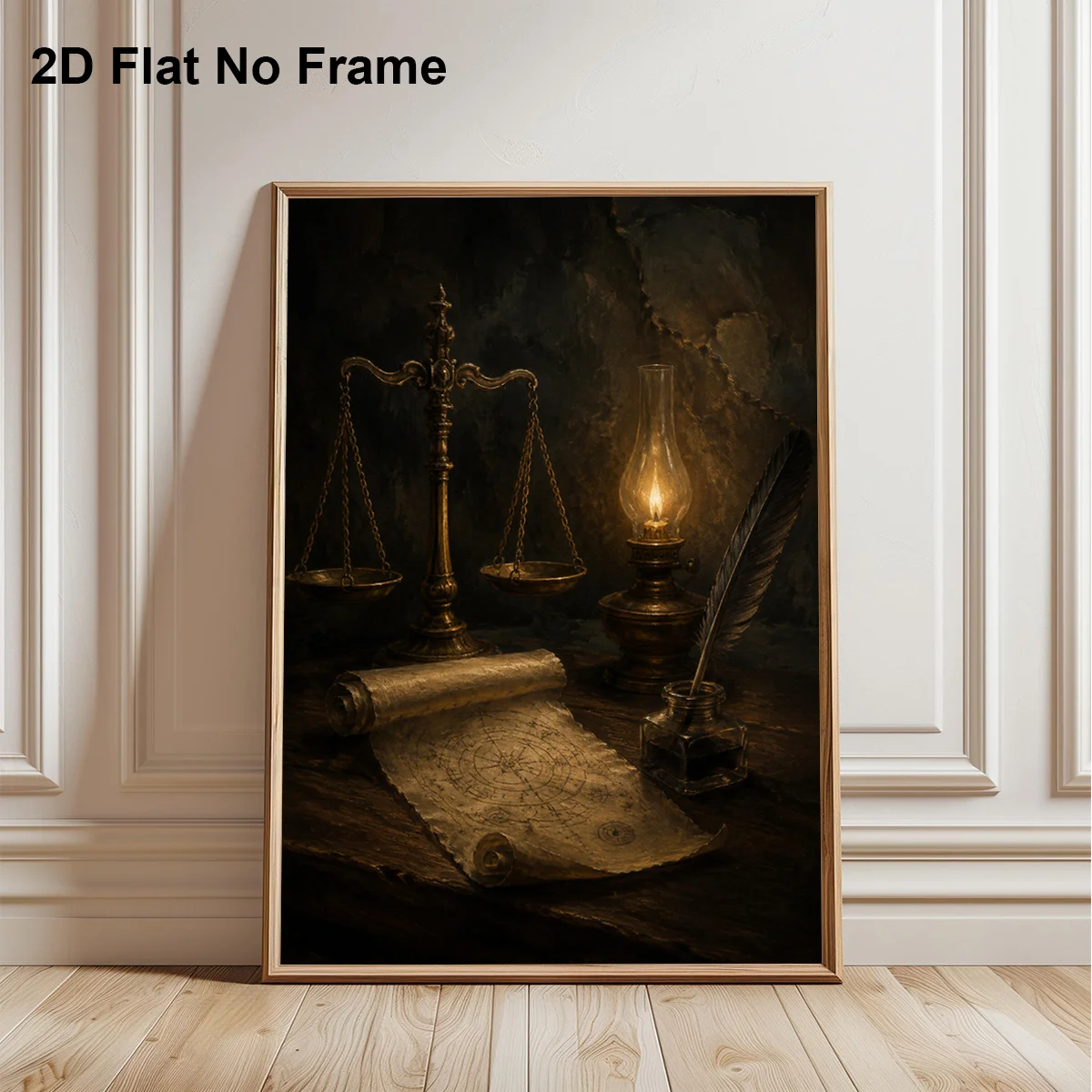 2D Flat, 1pc Frameless Canvas Poster, Vintage Oil Lamp Balance Scales Vintage Map Quill Ink Well Still Life Art, Wall Art Can