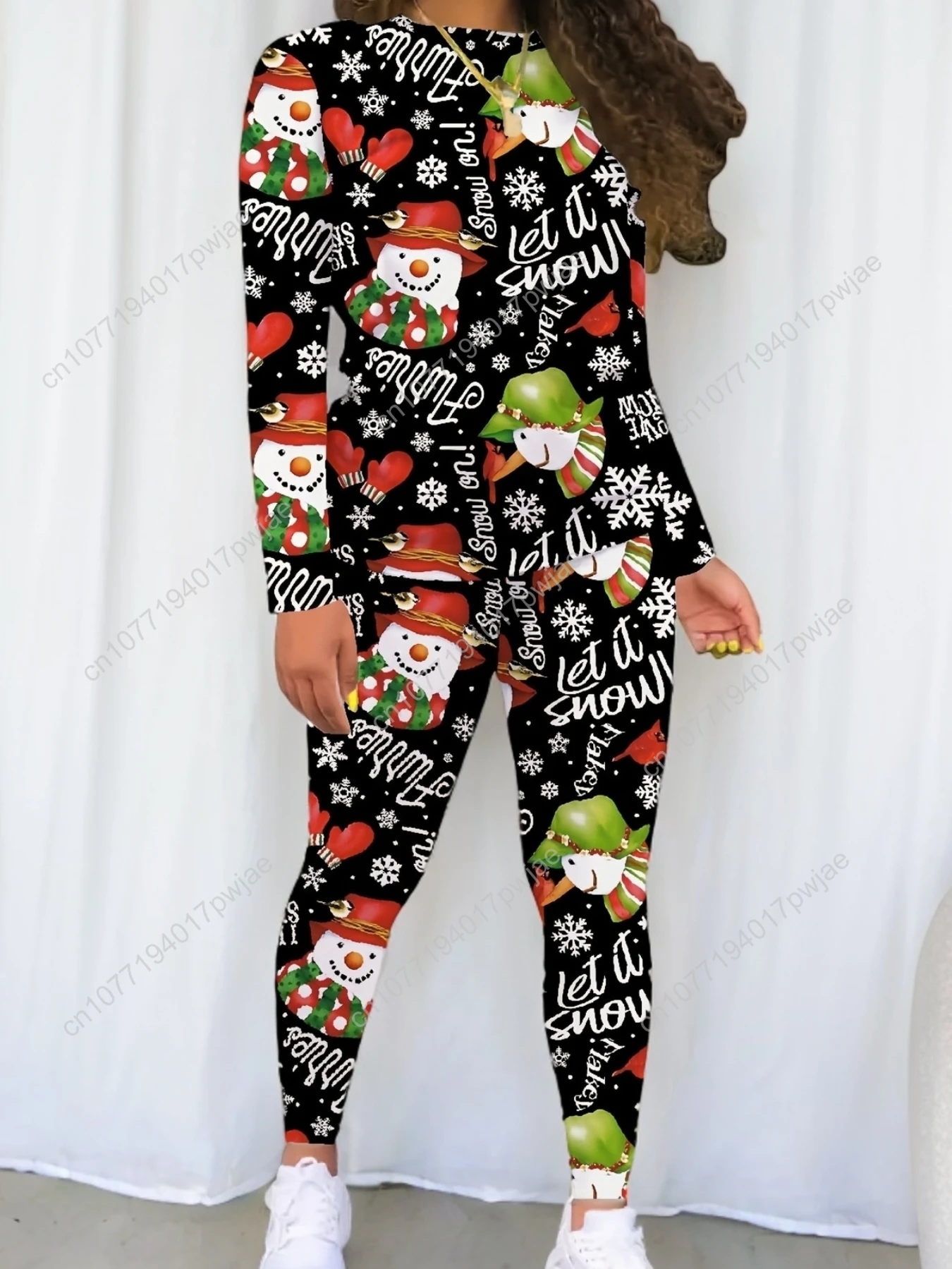 

Christmas Print Long Sleeve Knit Fabric Pantsuit for Women - Casual Polyester Jumpsuit with Round Neck, No Belt, Regular Fit, Pu