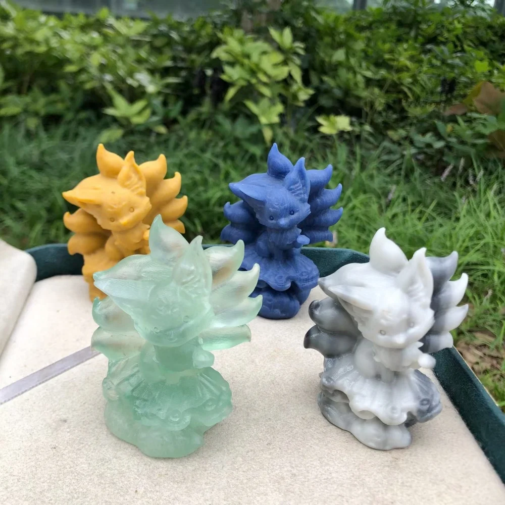 1PCS Natural Quartz Jade 7cm Nine-Tailed Fox Fairy Carving Polished Cartoon Healing Mineral Ornament for Home Decoration