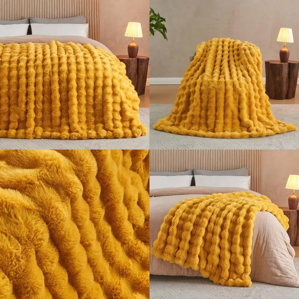 

Luxurious Ginger Yellow Faux Fur Blanket, Plush and Cozy for Couch or Bed, 108x90