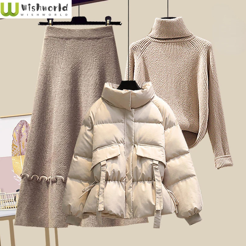 2022 New Autumn and Winter Korean High Neck Sweater Down Cotton Jacket + Fashion and Leisure Three Piece Skirt Suit