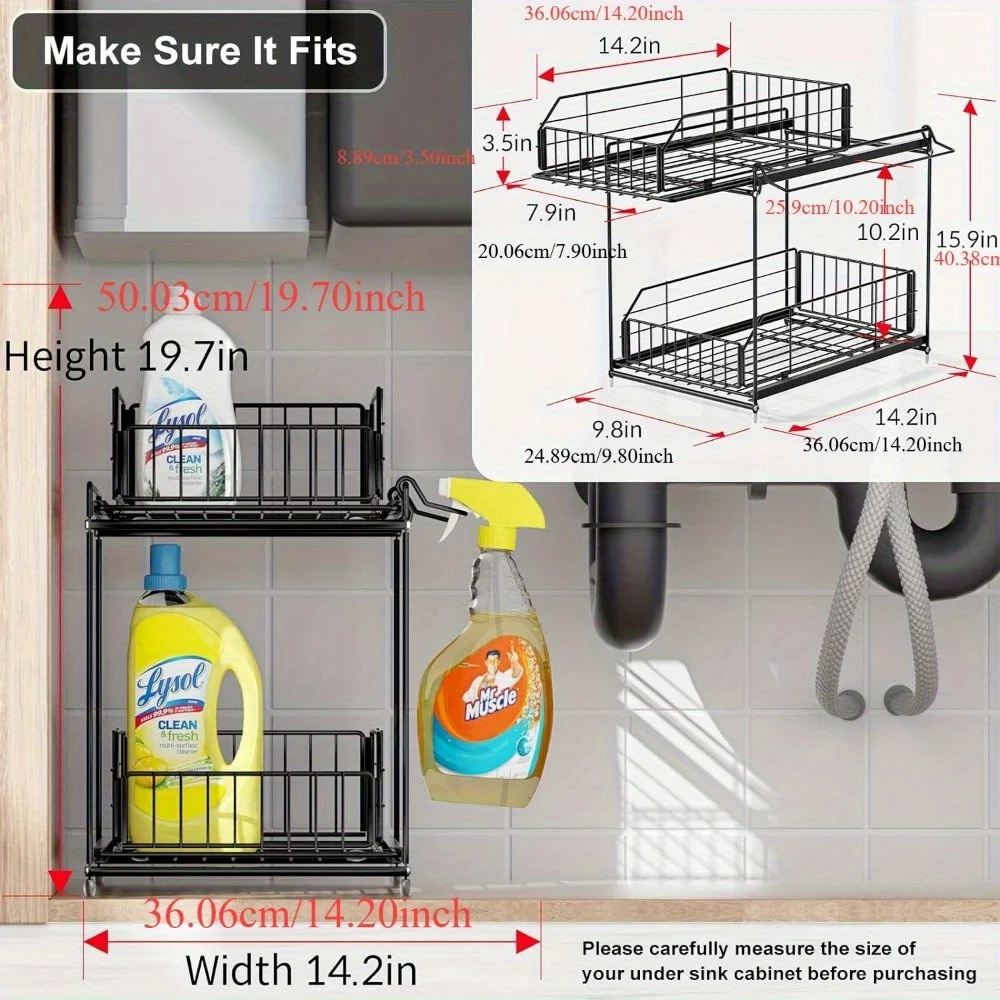 

2 Level Bathroom Cabinet Organizer Metal Kitchen Sink Organizer with Hanging Track for Kitchen Bathrooms and Storage Shelves