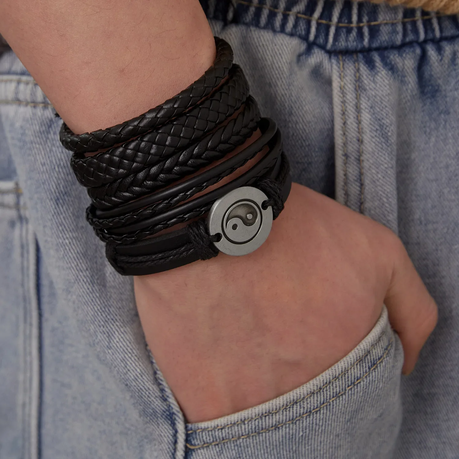 Chinese Style Tai Chi Ying Yang Combination Bracelet Men Black Braided Leather Wristband Bracelet Male Punk Jewelry Accessories