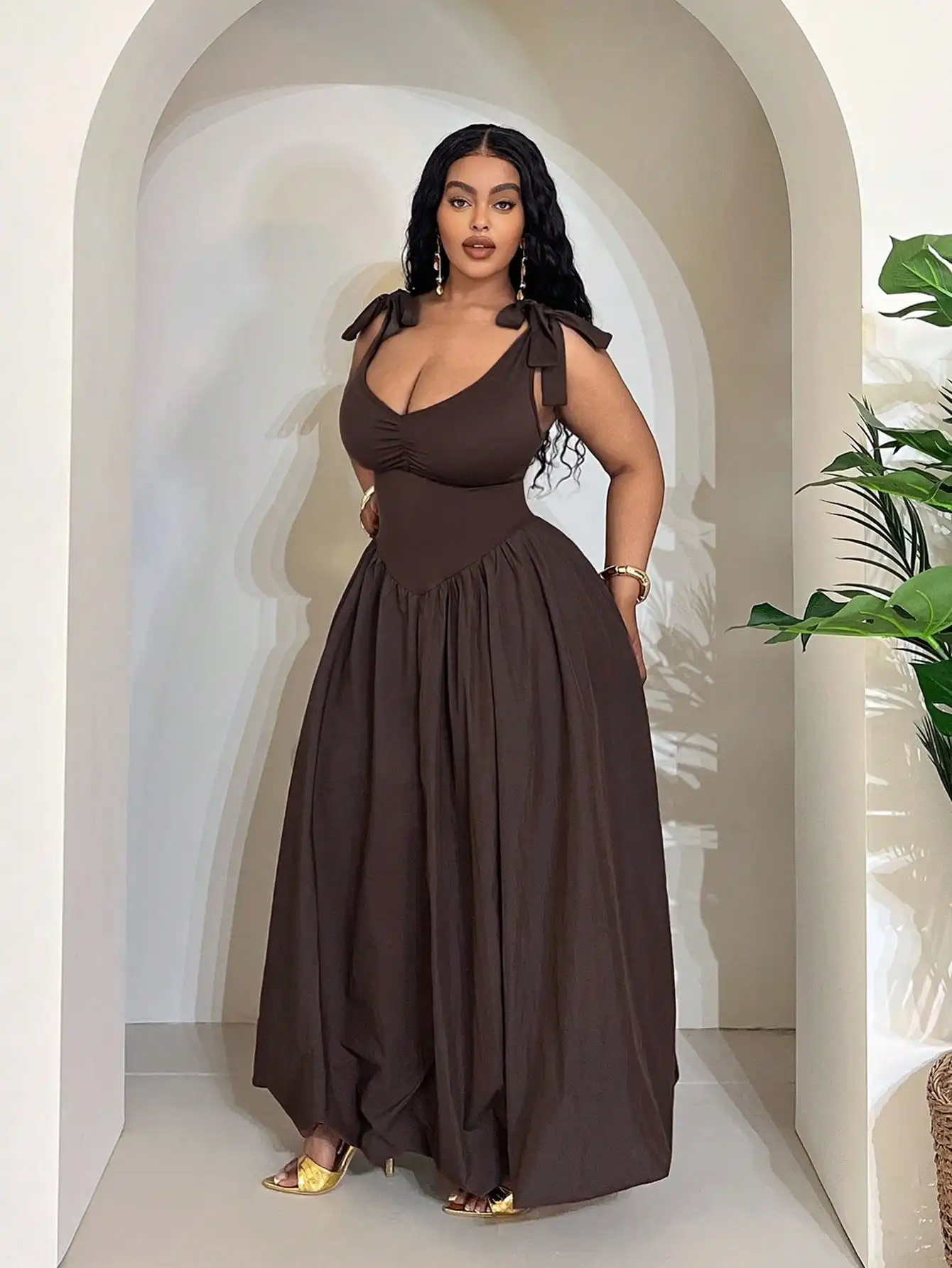 

Brown Bow Shoulder V-Neck Floor Length Maxi Dress For Women