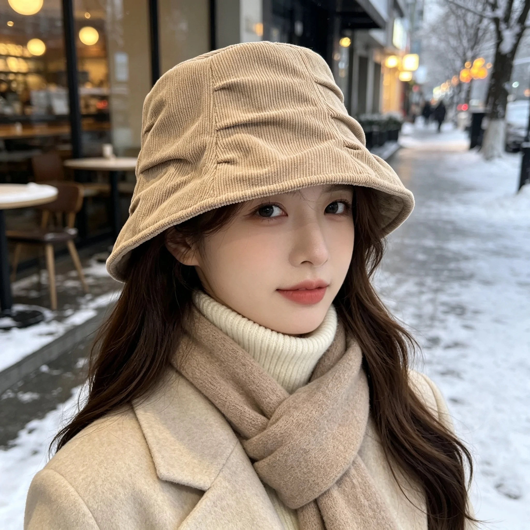 Korean-Style Retro Corduroy Women's Fisherman Hat with Three-Dimensional Pleated Body and Vertical Stripe Texture, Loose Short-Brimmed Bucket Hat for Autumn and Winter Daily Commuting and Outings