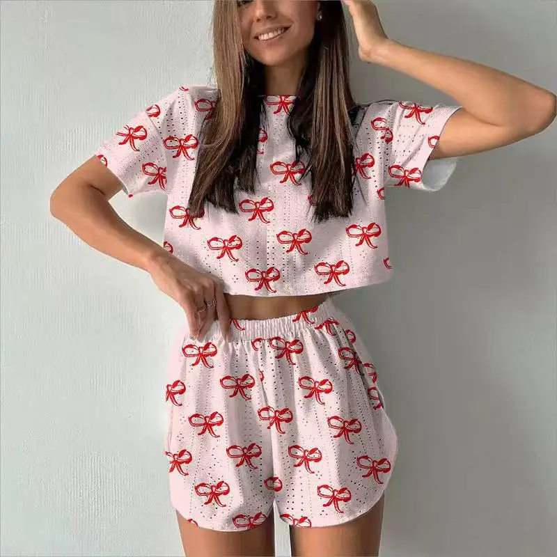 Femmes pyjamas ensemble été mode évidé manches courtes haut Shorts vêtements de nuit femme ample confortable maison vêtements chemise de nuit ensemble
