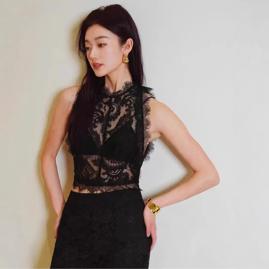 

Женская модная одежда для взрослых по индивидуальному заказу, изысканный черный жилет с кружевом и перспективой, сексуальный облегающий универсальный жилет с круглым вырезом, топ