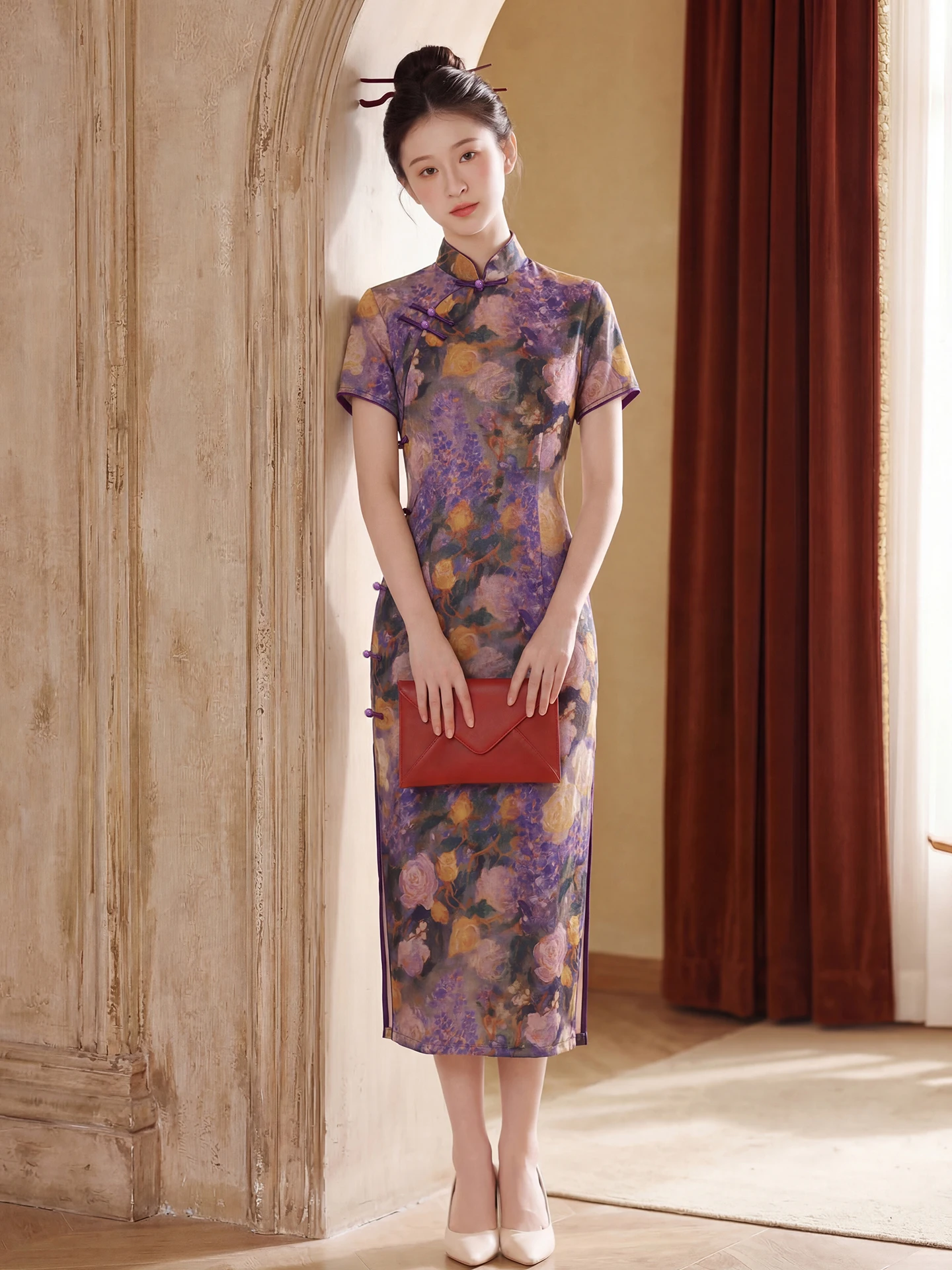 

Purple Floral Print Vintage Style Women's Dress Breathable Comfortable Mid-Length Qipao Short Sleeve Spring Summer Fashion