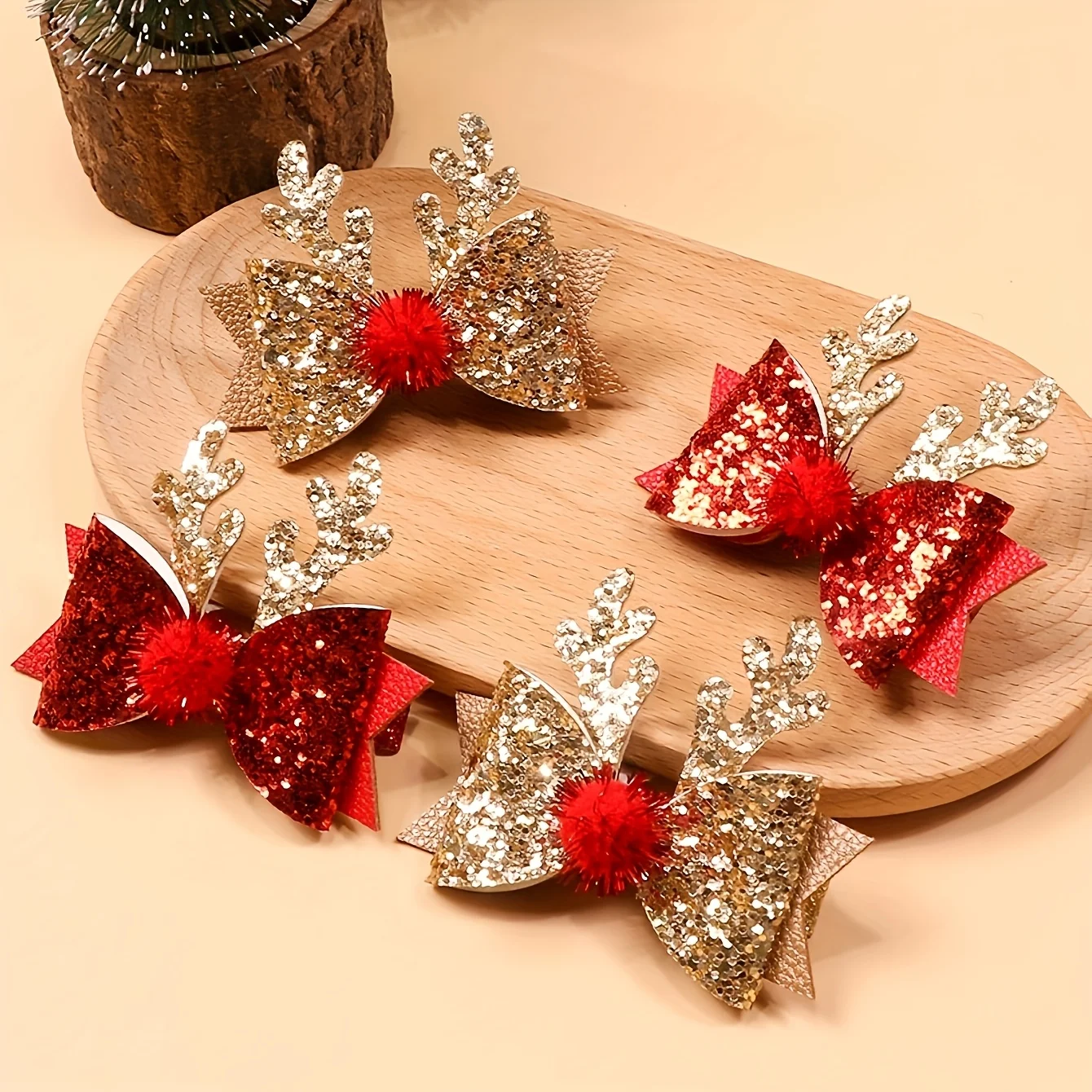 4pcs Christmas Pet Hair Clips Sparkle Deer Antler Bow Dog Cat Headwear Party Costume Pet Accessories