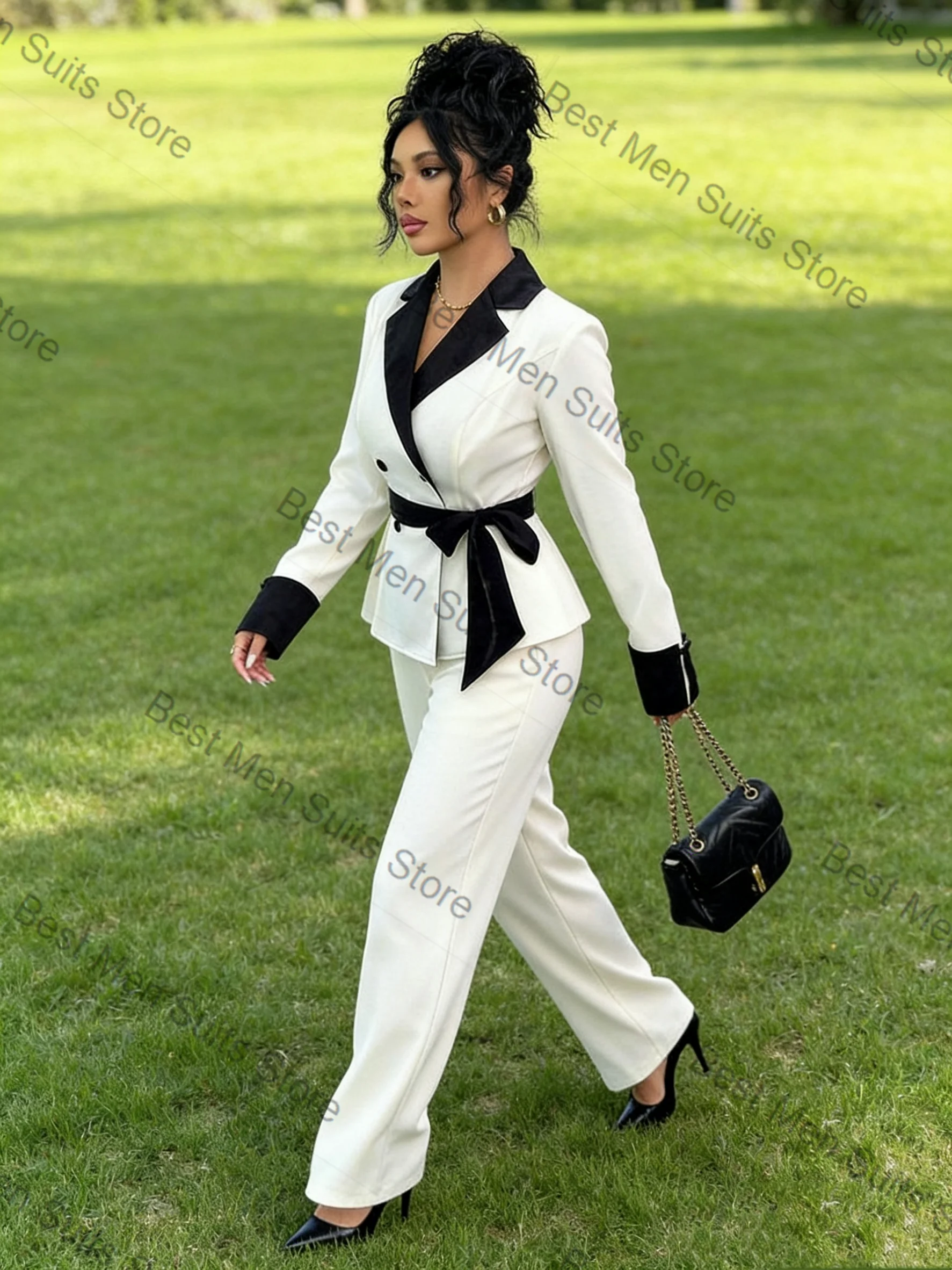 

White Black Women Suit Set 2 Pcs Blazer Pants Trousers Belted Cotton Formal Office Jacket Customized Wedding Tuxedo Guest Coat