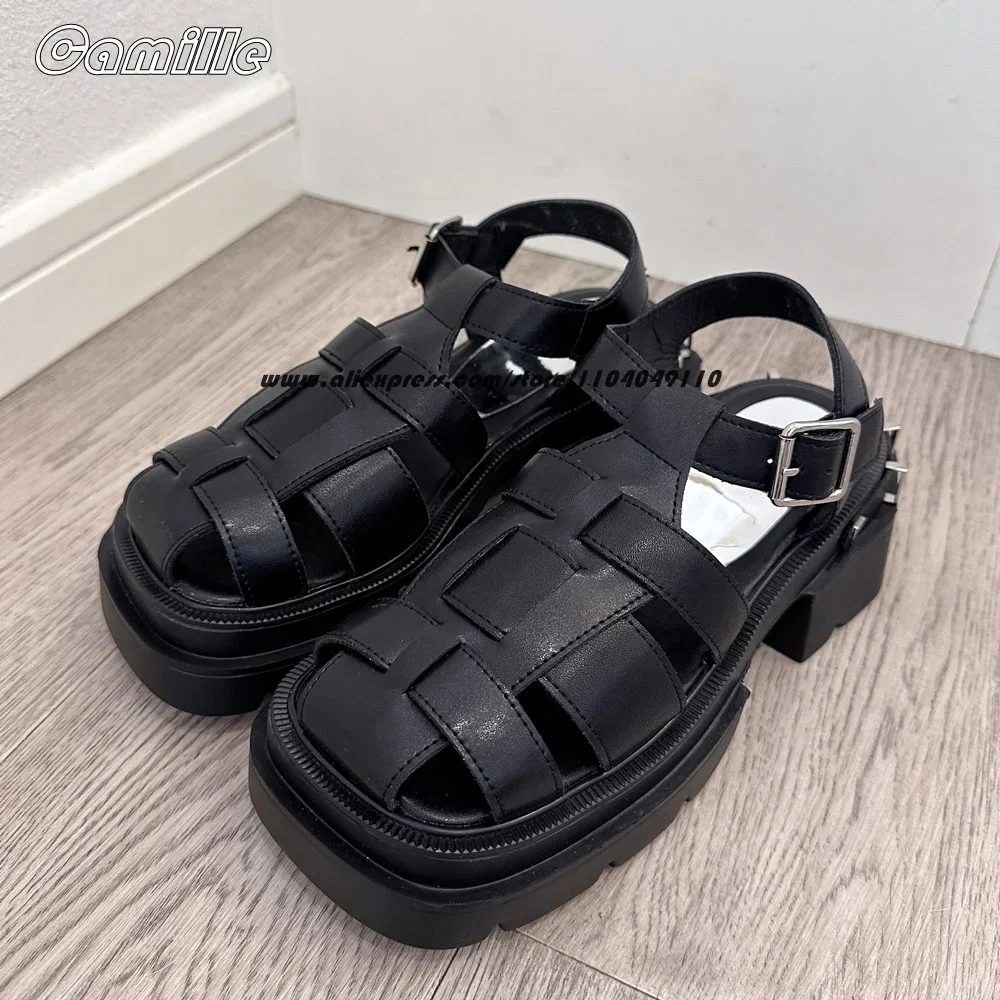 

Genuine Leather Belt Buckle Strap Metal Rivet Sandal Boots All-Match Size 34-40 Casual Boots Roman Style Beach Chunky Heel Shoes
