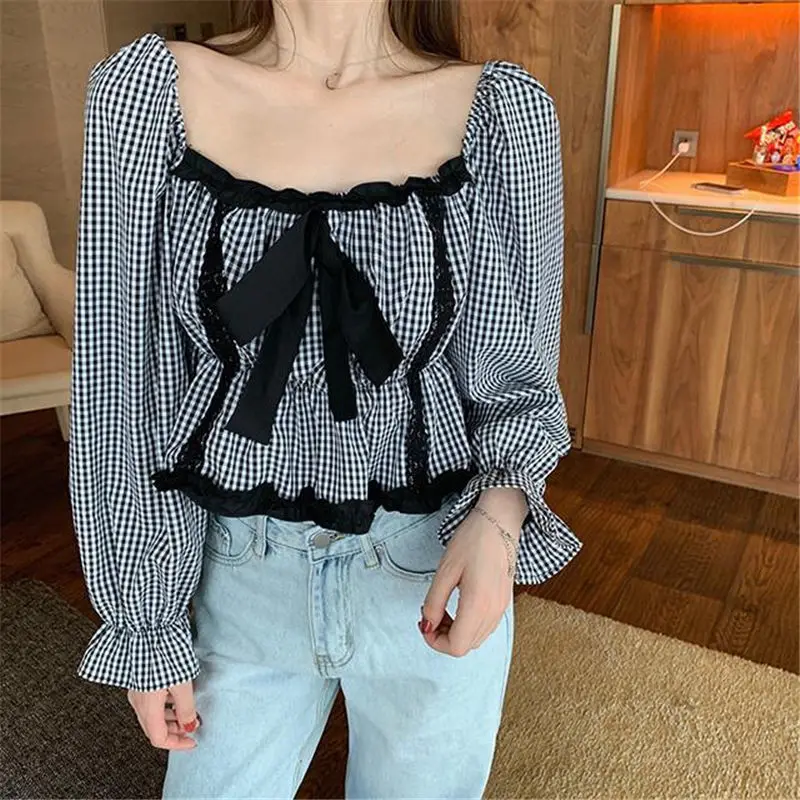 Crop Blouses Women Folds Plaid Vintage Slim All-match French Style New Spring Puff Sleeve Elegant Sweet Square Collar Girls Chic