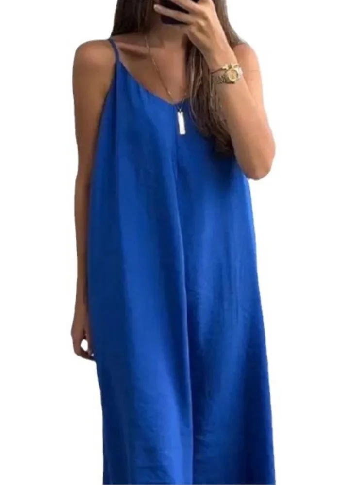 Summer Loose Spaghetti Strap Dresses Women Solid Color V-neck Casual Commuting Sleeveless Long Dress Female Fashion New Vestidos