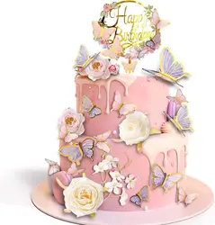 29 PCS Flower Cake Toppers Butterfly Cake Decorations with Artificial Pink and Purple Flowers for Women Birthday Wedding Party