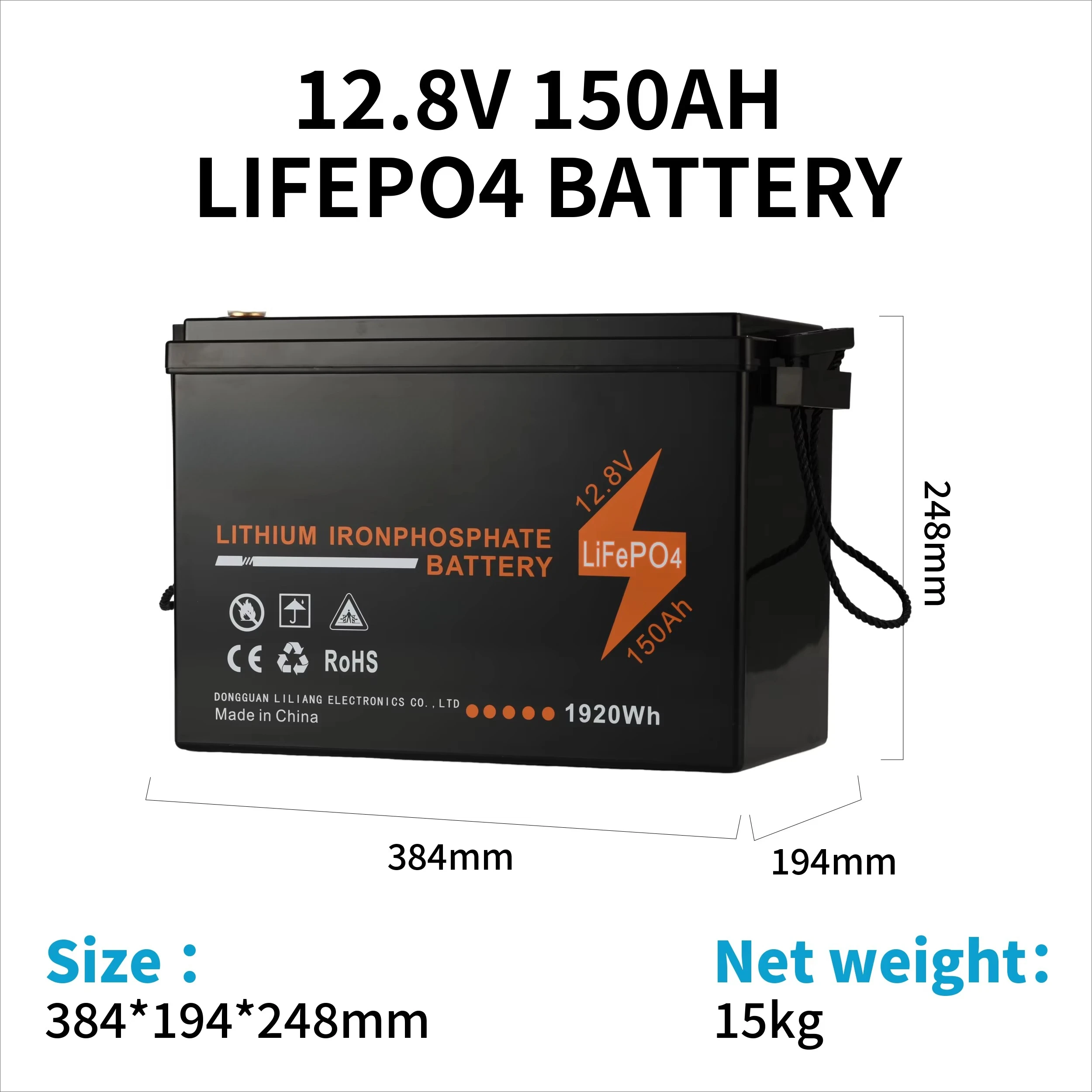 150Ah 12.8V LiFePO4 Solar/RV 12V Lithium Iron Replacement Battery Charge/Discharge Energy Storage IP65 for Outdoor Use