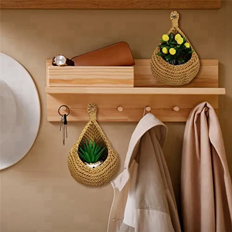

Flax Hanging Storage Basket Teardrop Shape Woven Boho Wall Fruit Basket Wall for Kitchen Decor Small 3Pcs