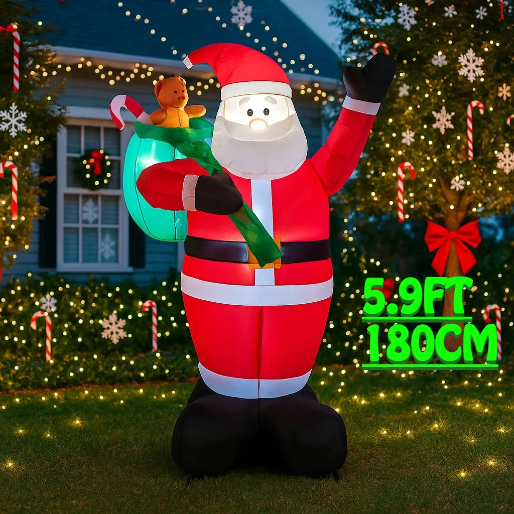 5.9FT Santa Claus Teddy Bear Inflatable Christmas Decorations Xmas Ornaments Lights Outdoor Home Yard Holiday Party Toy Blow