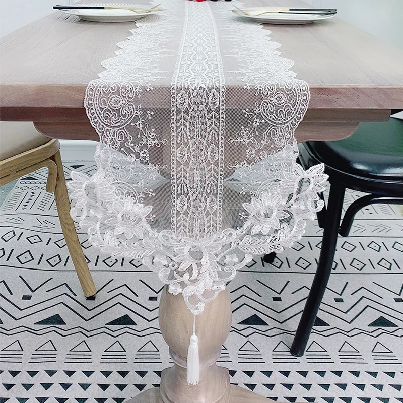 

European Lace Table Runner Embroidered TV Cabinet Tablecloth Lace Pendant Tassel Dresser Table Flag Dust Cover Christmas Table C