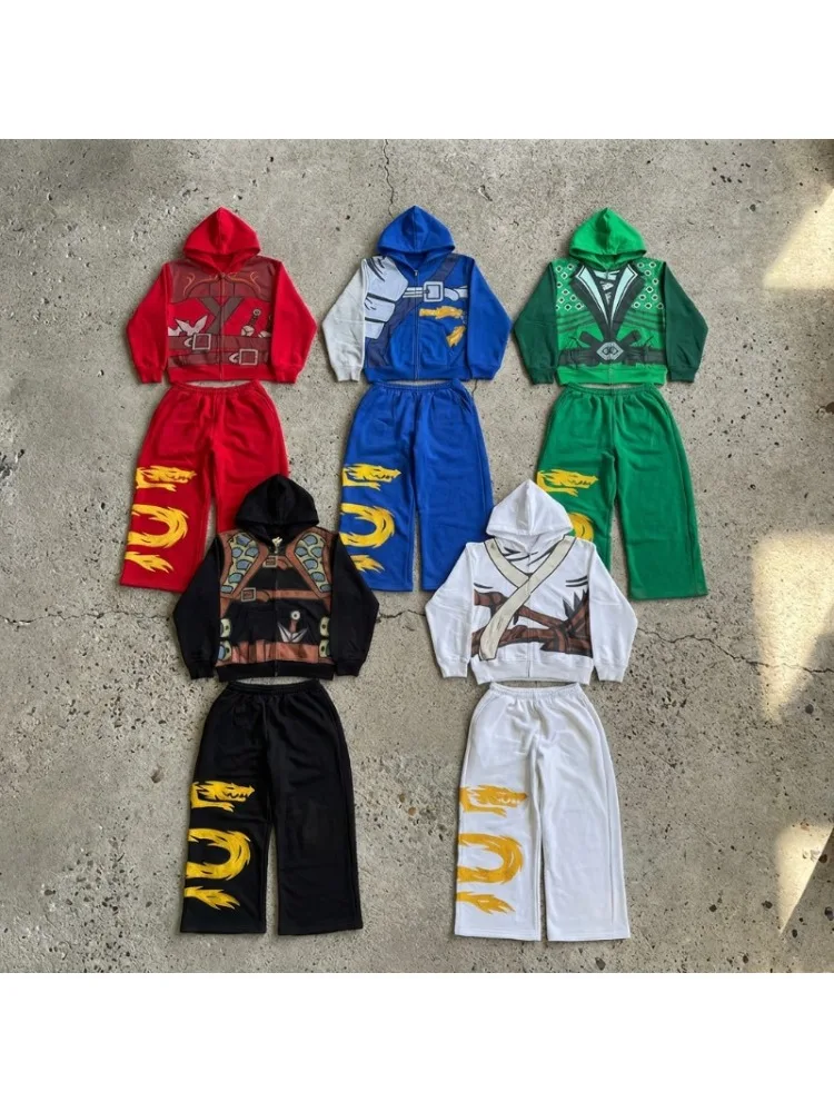 Y2K 2-delige set Anime personage rits hoodie High Street cosplay print 5 kleuren dagelijkse kleding trendy wijde pijpen streetwear set - afbeelding 2
