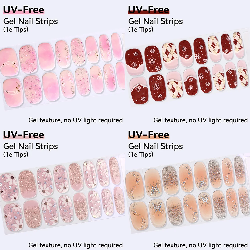 16Tips UV-Free Snowflake Design Red Gel Nail Strips Floral Shimmer Full Coverage Nail Stickers Butterfly Pattern Nail Stickers