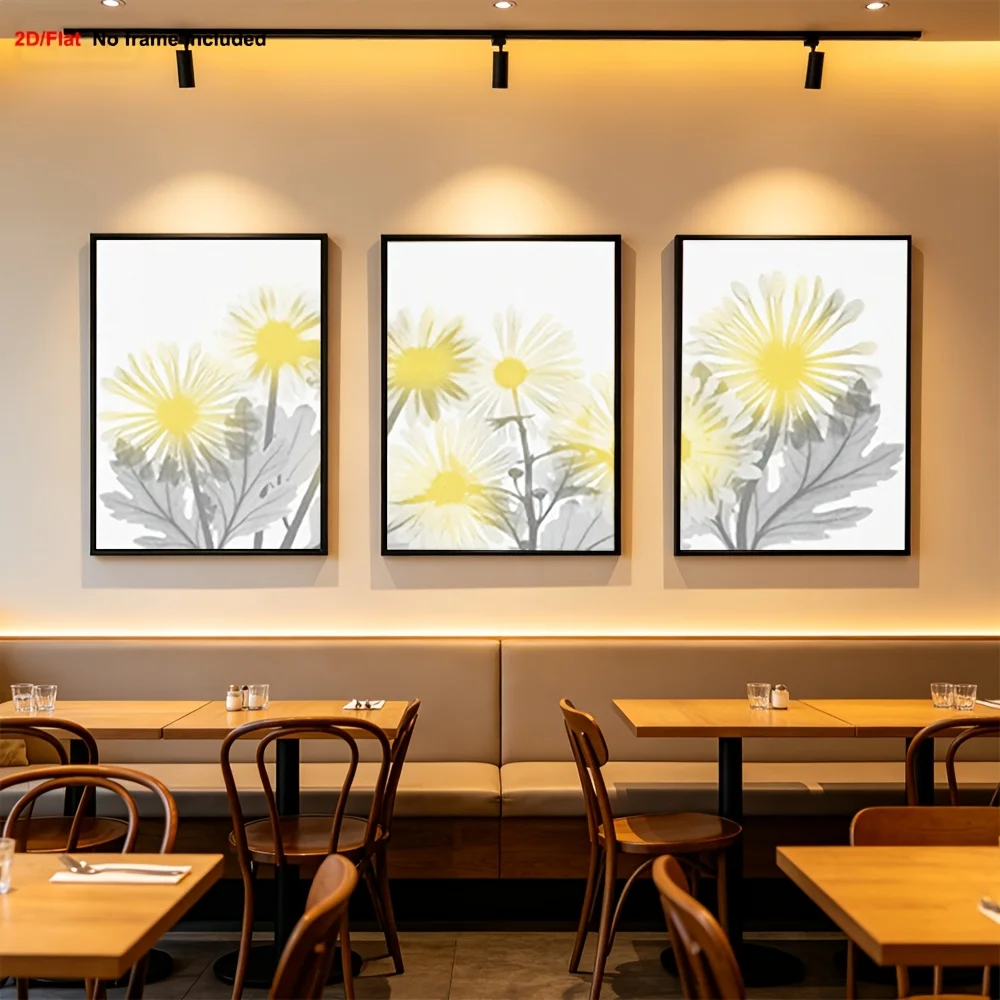 2D Flat, 2D Flat | 3pcs Set | Home Decorative Painting | Light Yellow Radiating Floral Pattern with Gray Leaves and Dot Textu