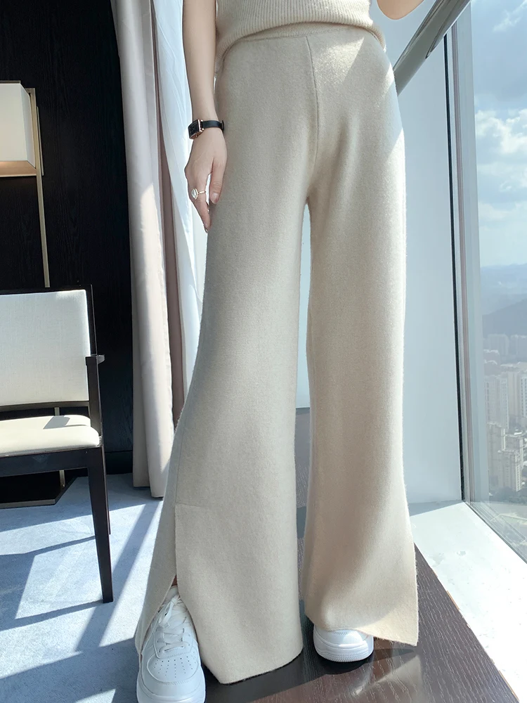 

TLOM New Women100% Wool Knitted Split Wide Leg Pants Pocket Design Autumn Winter Soft Warm Cashmere Knit Trousers Casual Style