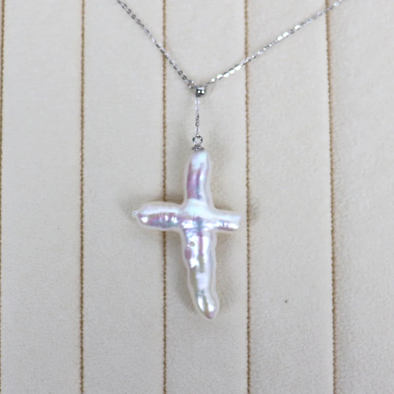 wholesale natural baroque style pearl cross pendant,good luster,sterling sliver chains,adjustable length