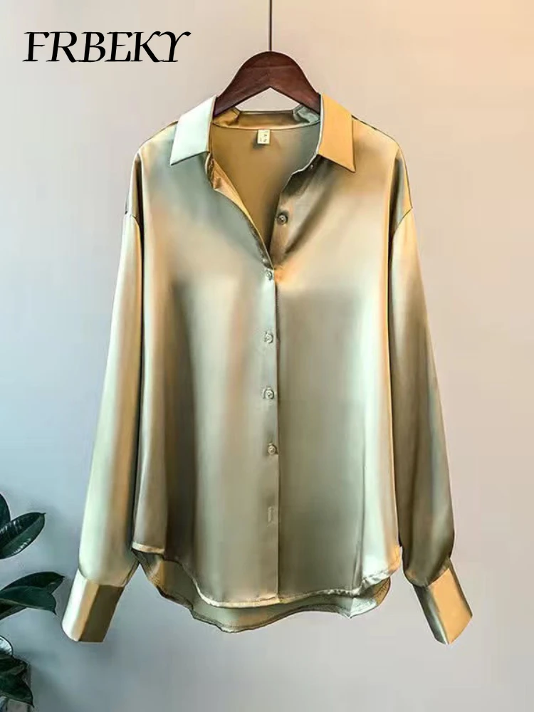 Eleganckie koszule i bluzki Letnia jesienna satynowa koszula z długim rękawem i wszystko wiszących Vintage Solid Color Casual Shirt Blouse Tops