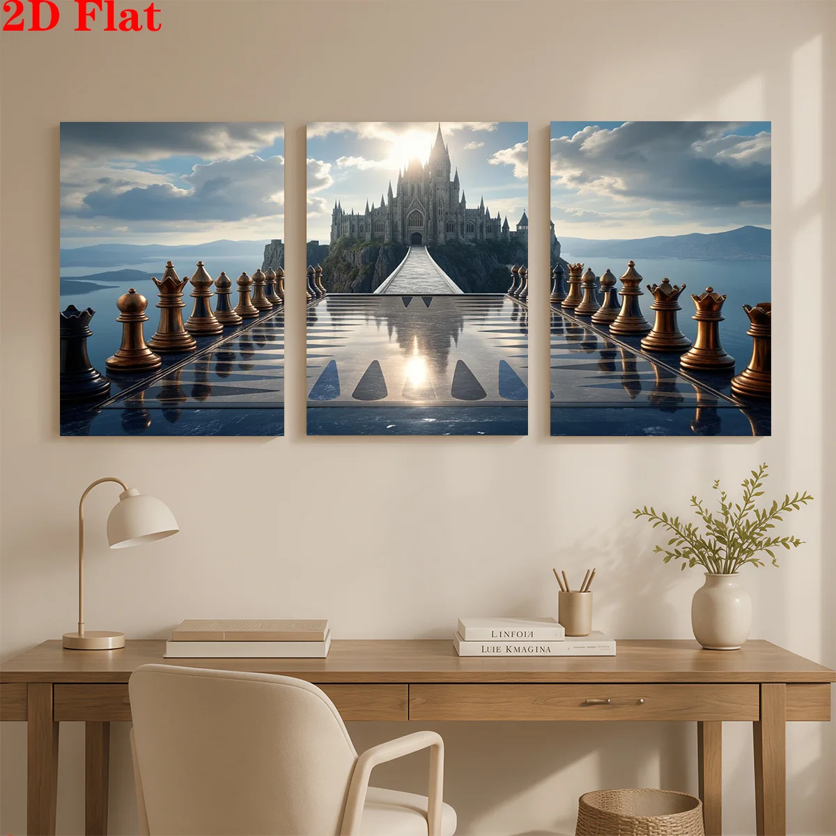Frameless Canvas 2D 3pcs Canvas Art Wall Hanging- Chessboard Leads To Castle. Suitable For Decorating Offices, Dining Rooms,