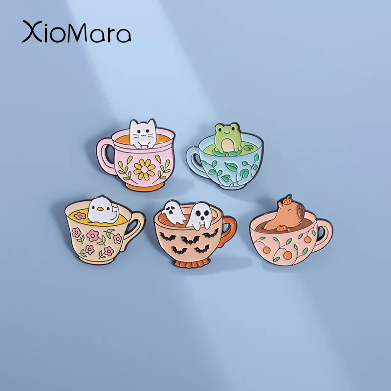 

Cute Teacup Animals Enamel Pins Custom Cat Frog Capybara Ghost Duck Brooches Lapel Badges Funny Jewelry Gift for Friends