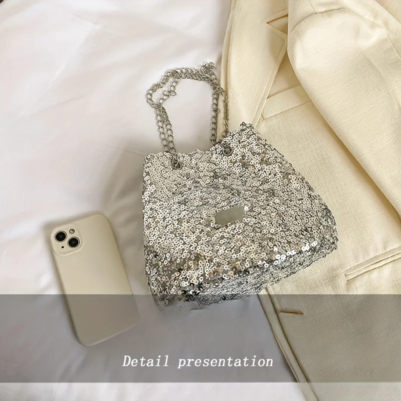 Bolso de cubo de lentejuelas para mujer, bandolera con cadena de moda, monedero con cordón brillante, bolso de hombro