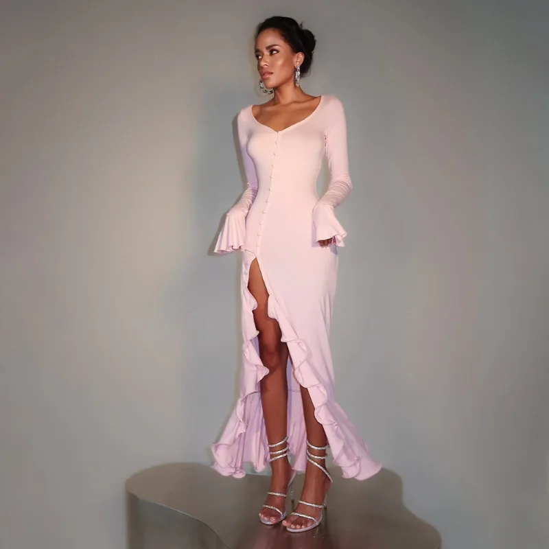 فستان نسائي أوروبي وأمريكي جديد لعام 2025 مثير وحار بقصة ضيقة وأكمام واسعة مع تنورة طويلة بشق واحد مخصصة