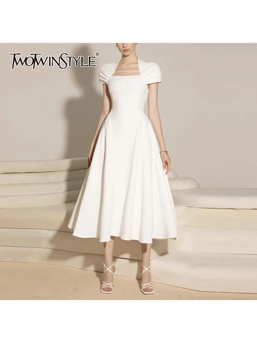 

TWOTWINSTYLE Solid Slimming Spliced Folds Minimalist Dresses for Women Square Neck Short Sleeves High Waist Long Dress Female