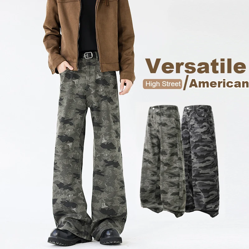 

Мужские камуфляжные джинсы-багги с широкими штанинами, расклешенные брюки в уличном стиле, повседневные, в стиле хип-хоп, универсальные, модные, с пуговицами, в стиле High Street