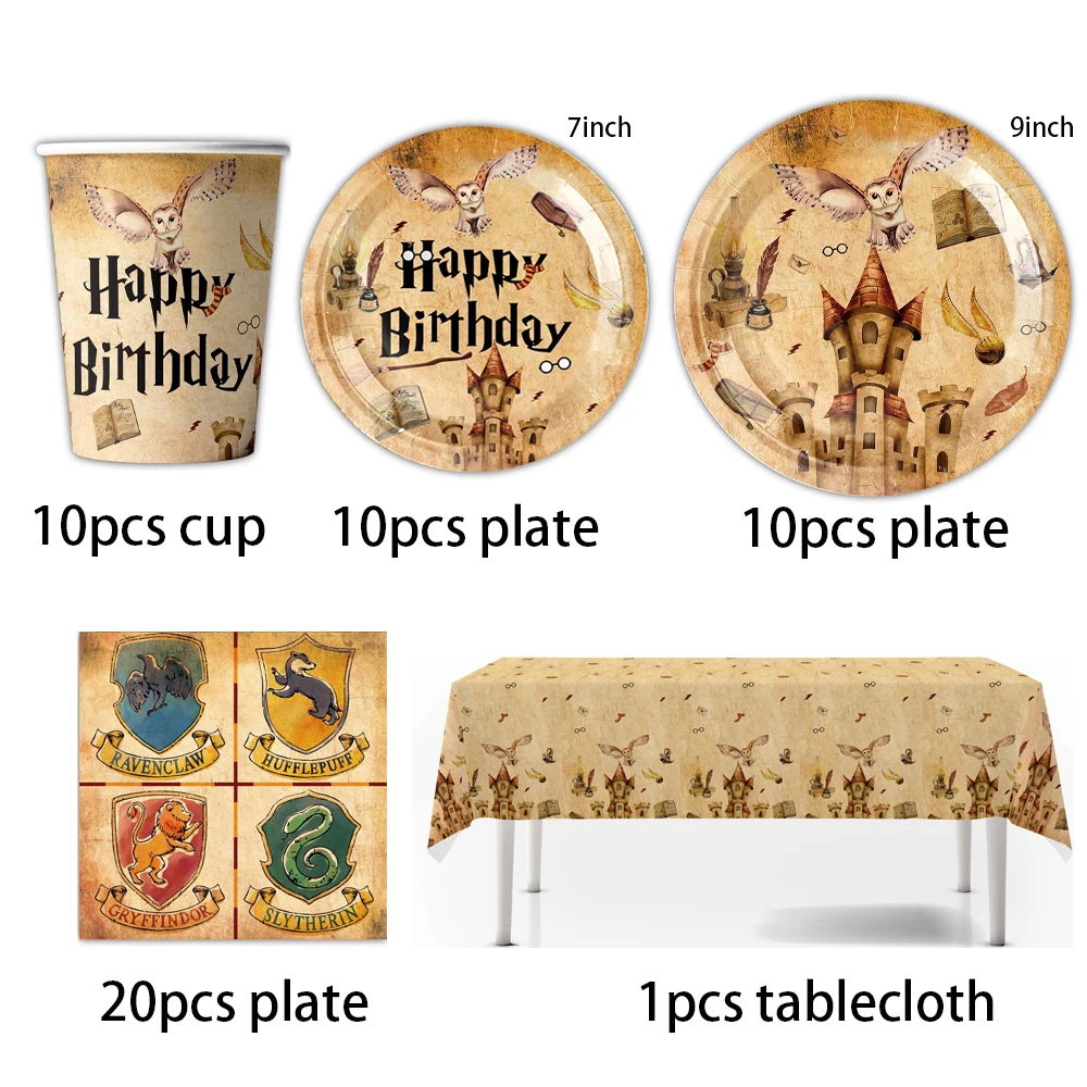 KAYOU Harry Potter Birthday Party Tableware Set Cups and Plate Paper Tablecloth Balloon Party Decoration Gift Box Baby Baptism