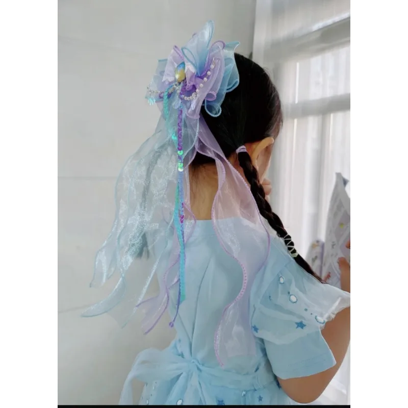 

Mermaid Princess Hair Bow Clip with Ribbon for Girls Birthday Performance Fairy Princess Role Playing Hair Headwear Accessories