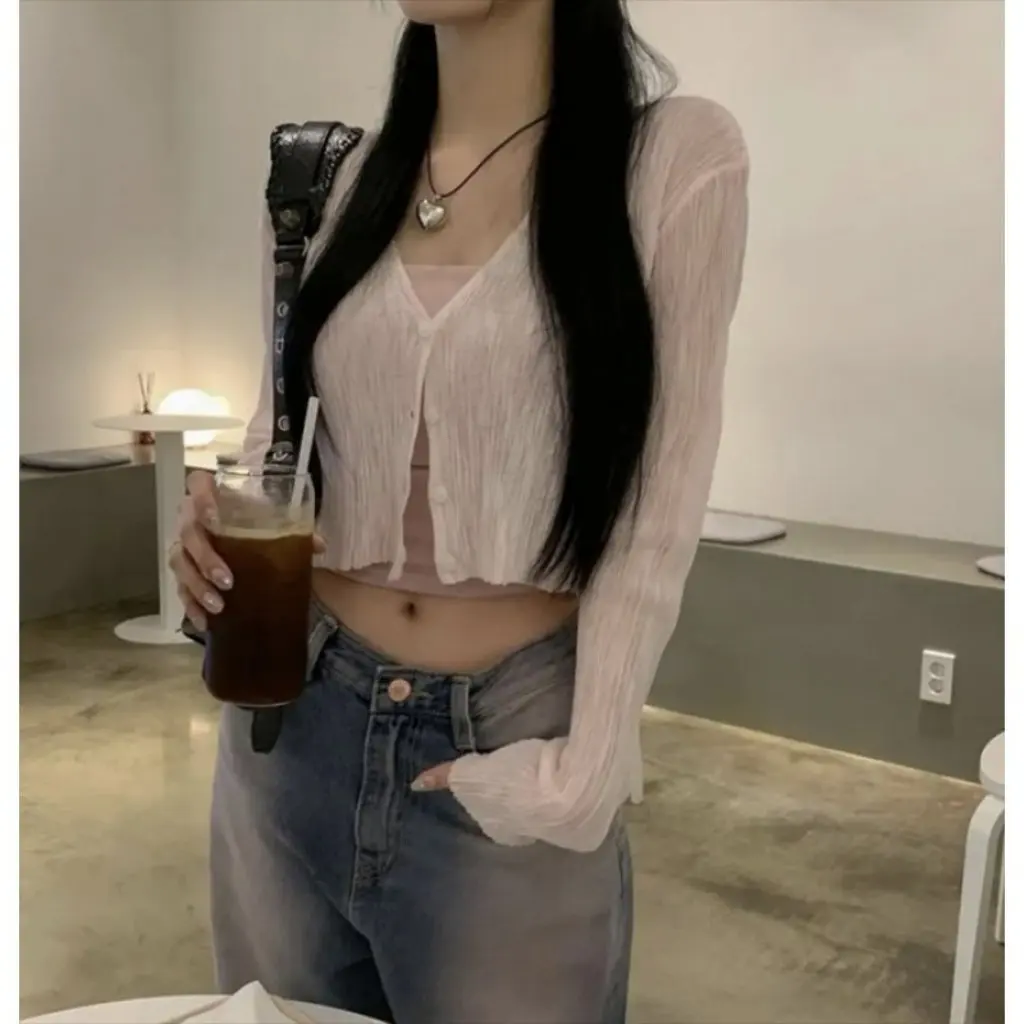 

Корейский стиль Dongdaemun, женский кардиган на пуговицах с длинными рукавами, однотонный летний солнцезащитный трикотаж