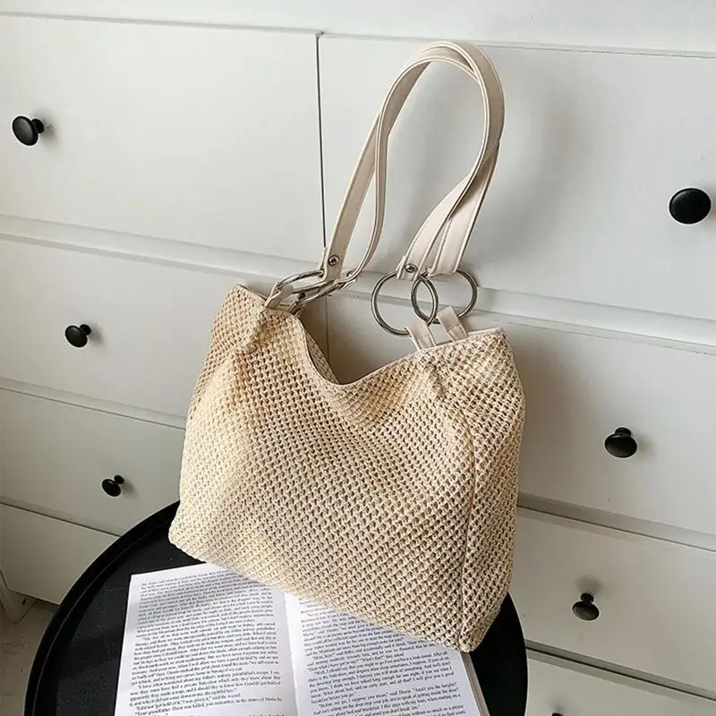 

63HC Solid Color Tote Large Capacity Handbag Straw Shoulder Bag for Street