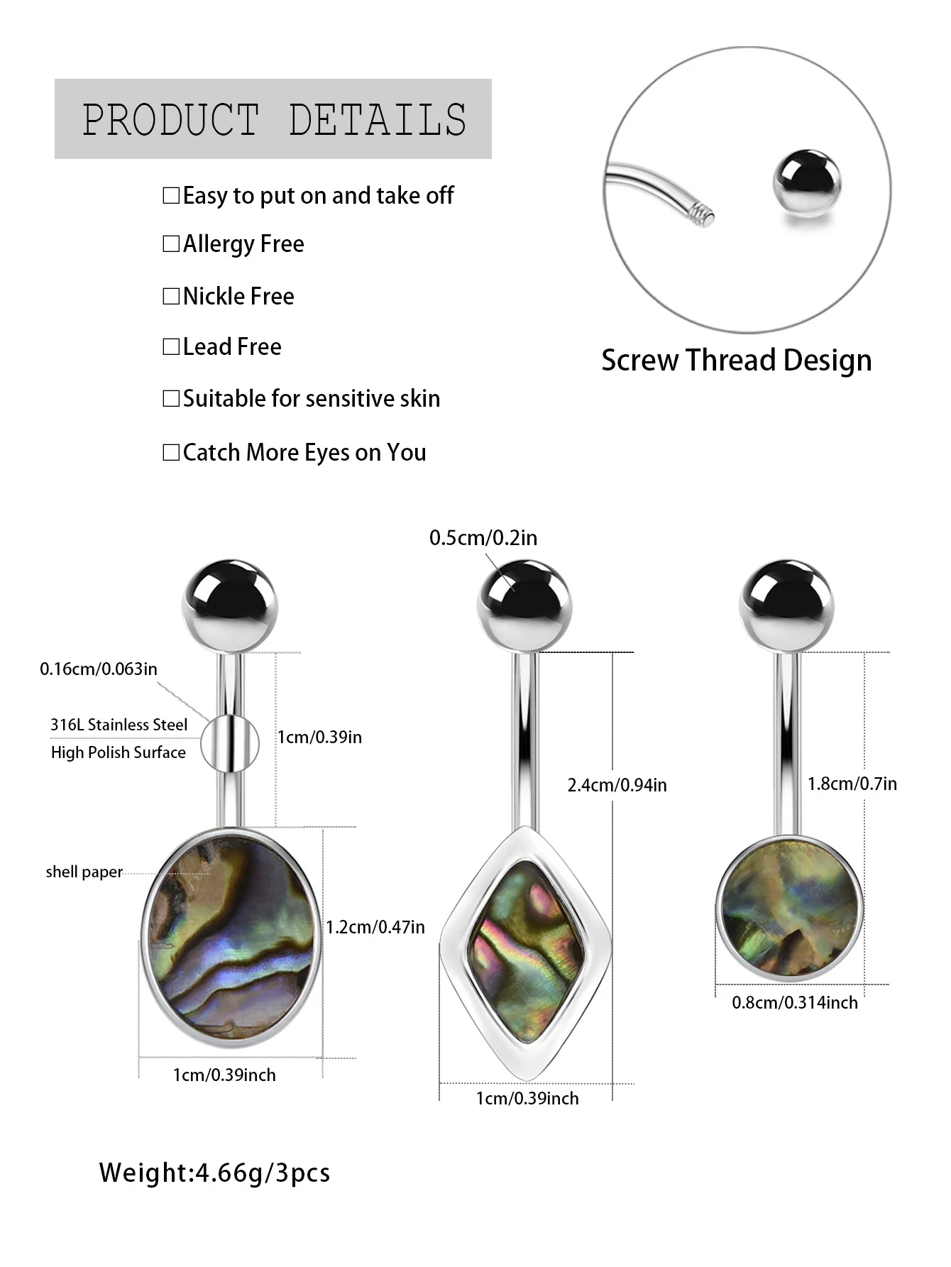 1 Pc Ocean style Navel Ring Stainless Steel Ellipse Shell Paper Belly Button Ring Stud Tummy Umbilical Belly Piercing Women