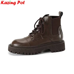 Krazing Pot Cow Split Leather Round Toe Lace Up Gladiator Western Boots Retro Fashion Med Heels Platform Non-slip Ankle Boots