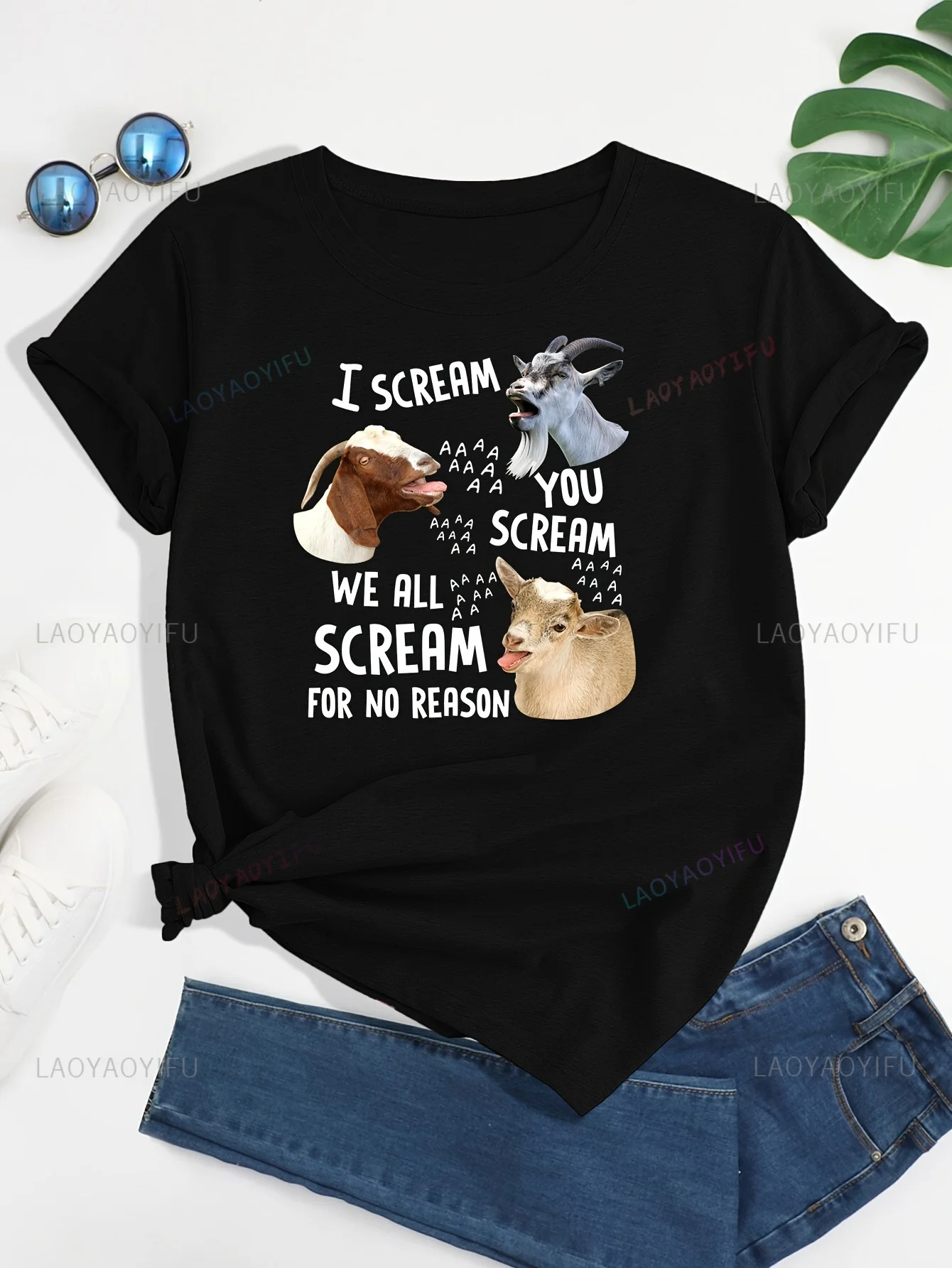 I Scream A A A You Scream We All Scream for No Reason Letter Animal Graphic T Shirts Cotton Short Sleeve T-shirt Women Clothing