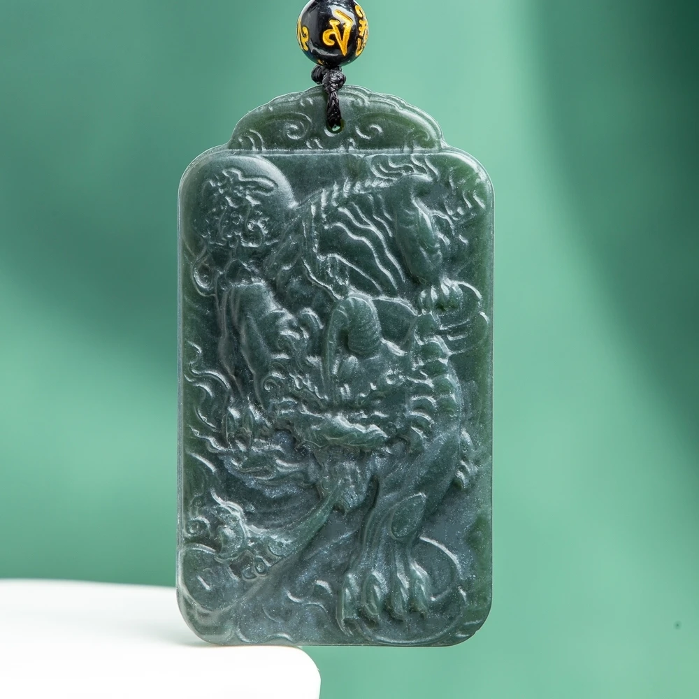 

TIMESWIND Natural Hetian Jade Deep Green PIXIU Wealth Square Pendant for Men Necklace with Certificate