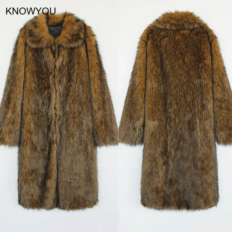 2025 Autunno Inverno Uomo Cappotti in pelliccia sintetica Giacca lunga in pelliccia Colletto con risvolto solido Manica lunga Punto aperto Giacca allentata in pelliccia calda spessa