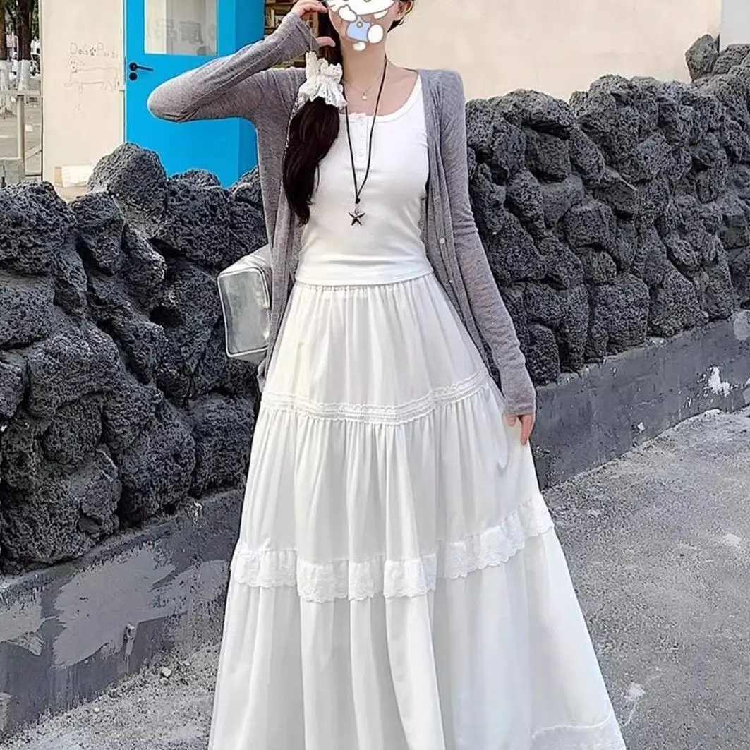

High Waist Lace Trim White Midi Skirt Casual Comfortable A-Line Skirt for Women Spring Summer Autumn Seasonal Wear