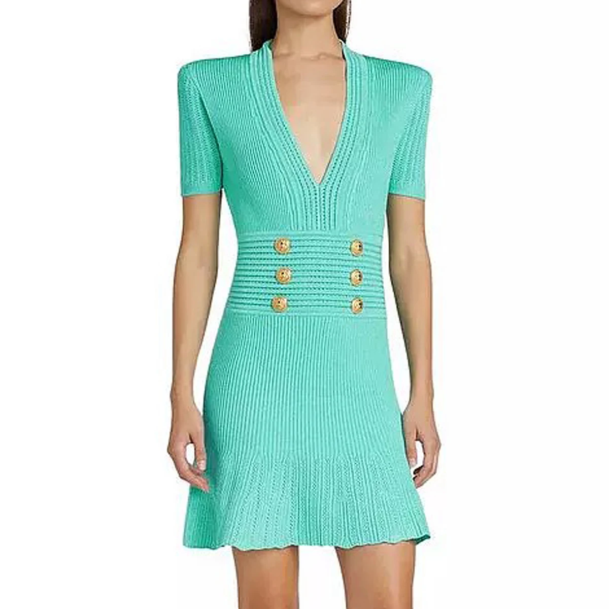 

Spring And Summer New Fashionable Knitted Elastic Solid Color Short Sleeved Double Breasted Slim Fit Fishtail Women's Dress