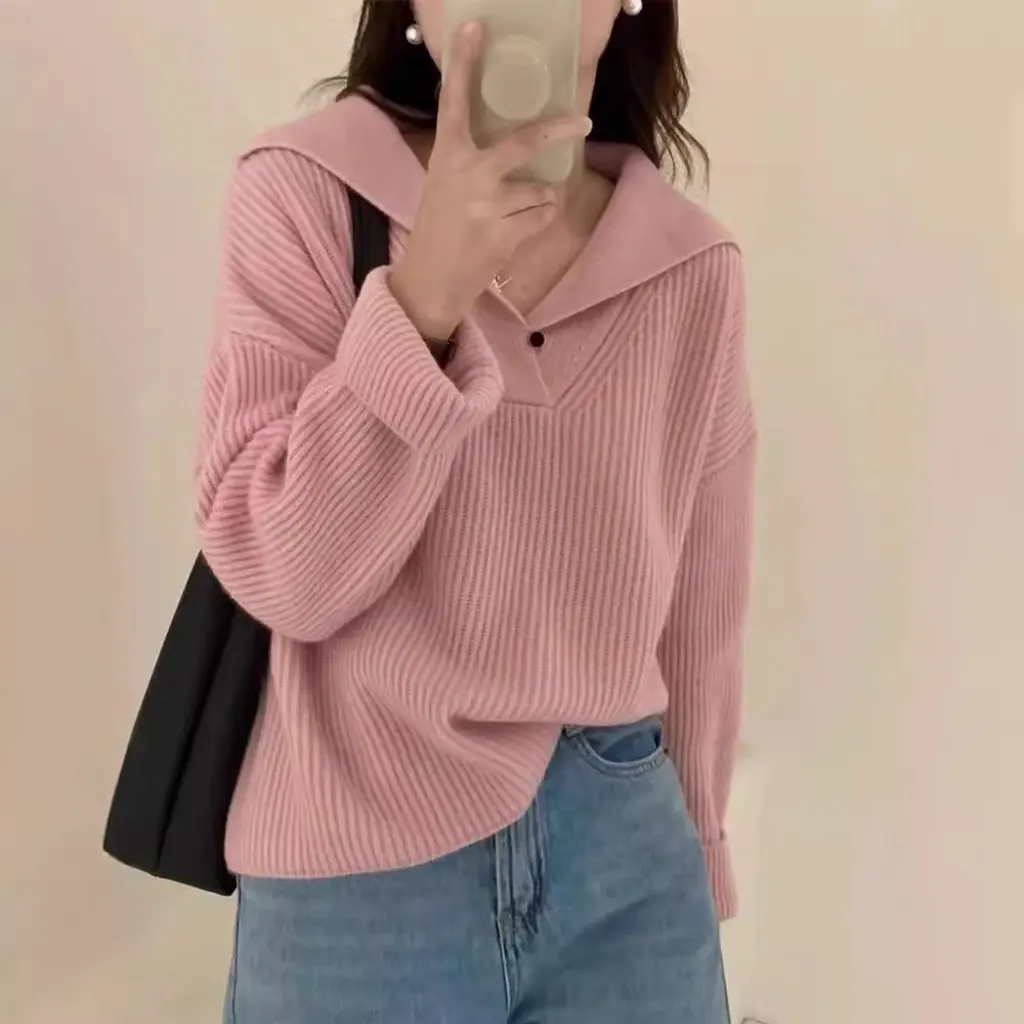 

Women's Lapel Sweater Korean Style Loose Fit Soft Waxy Top for Autumn Winter Lazy Style Design