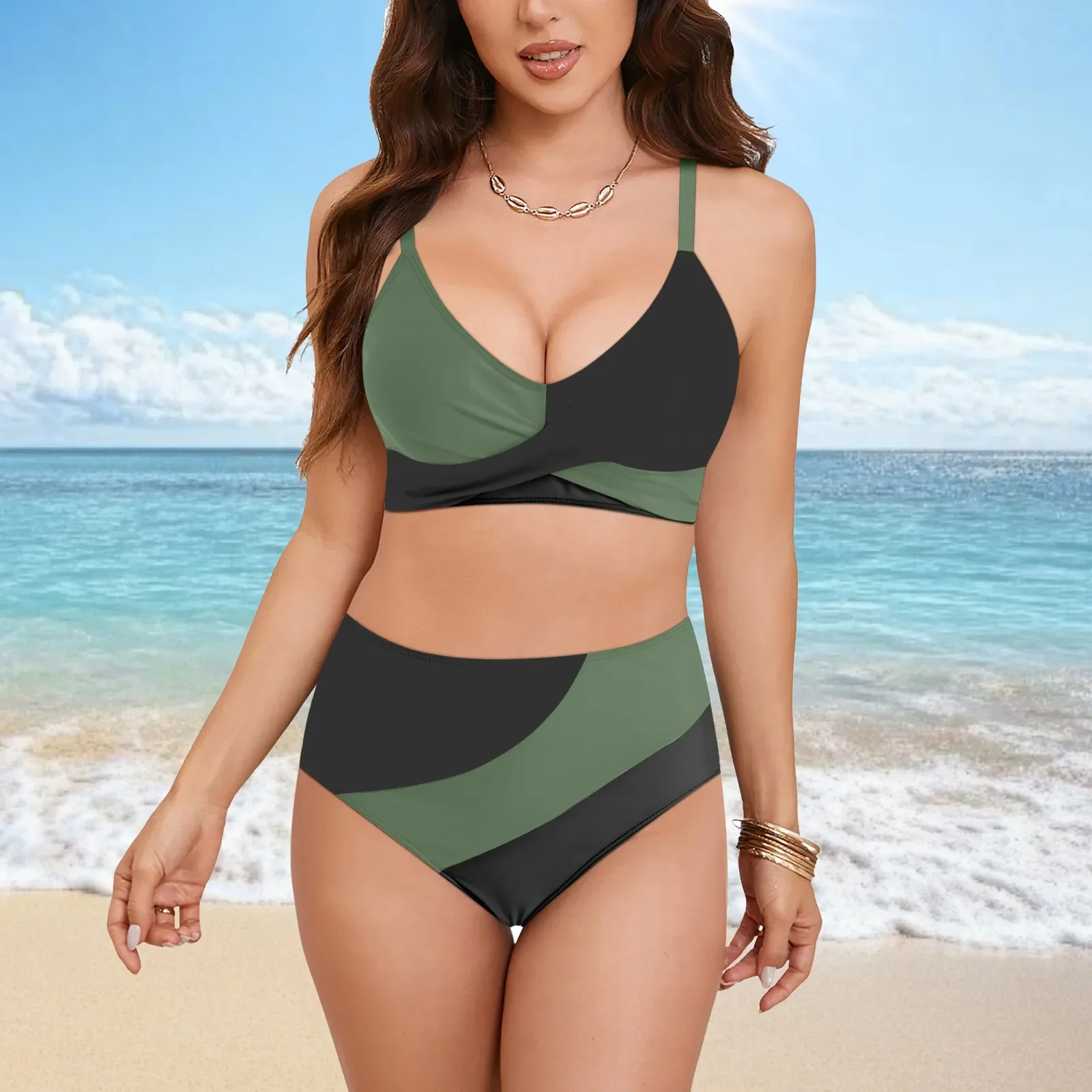 

Женский купальник Цельный купальник Женские комплекты бикини с высокой талией Купальники из двух частей Цветной блок Полный купальник женский