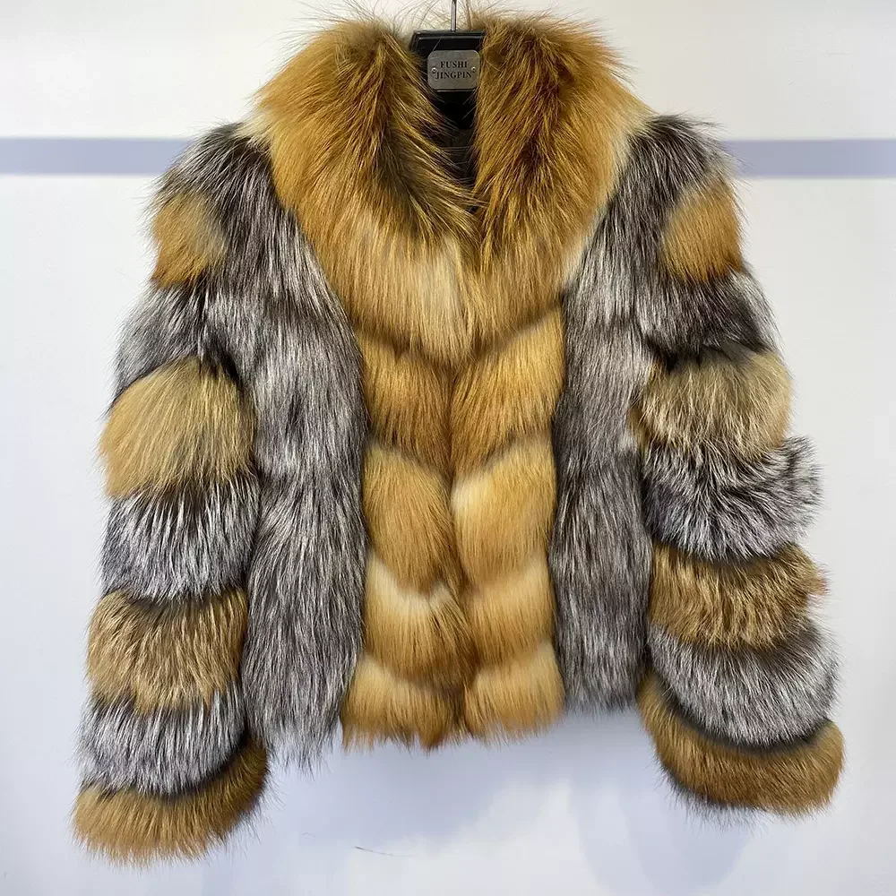 Winter 2022 Cold Weather Thick Warmer Super Nice Quality Silver Fox Fur Jacket Natural Red Fox Fur Coat