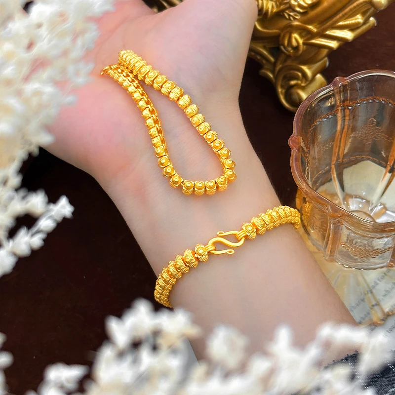 

100% Real 24K Gold Sunflower Bead Bracelet, Luxury Niche Vintage Mid-Century Design Golden Jewelry For Women